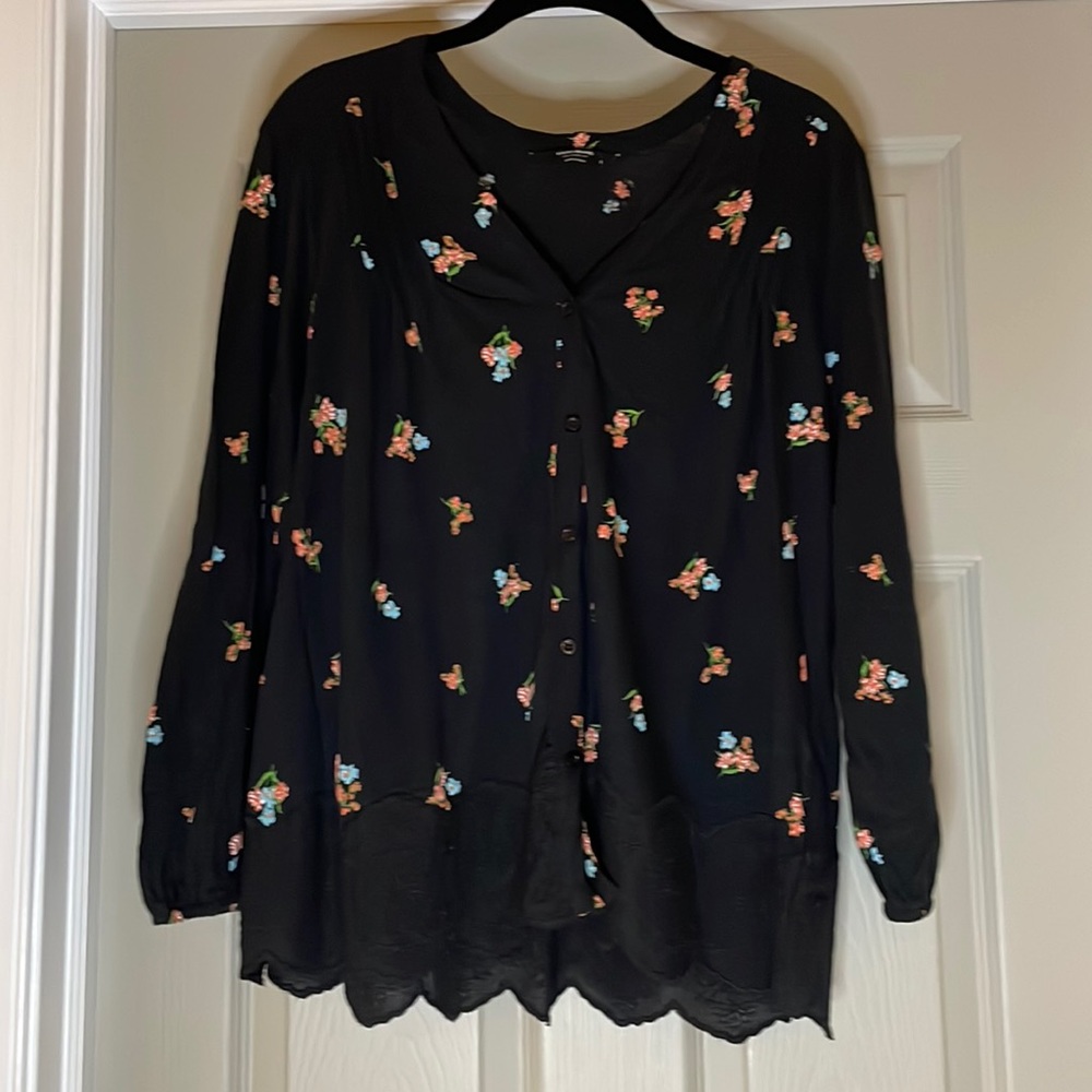 🆕 LUCKY BRAND Women’s 3/4 Shirt Button Front Floral Black Size L